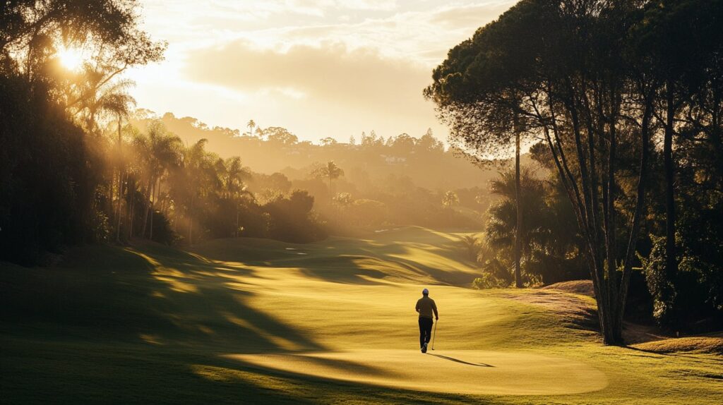 A scenic view of a golfer at a Palm Beach luxury golf resort, with lush tropical landscaping surrounding the course.