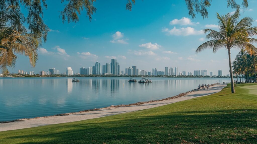A panoramic shot of a golfer at a Miami golf resort, with the city skyline in the background and lush fairways in the foreground.
