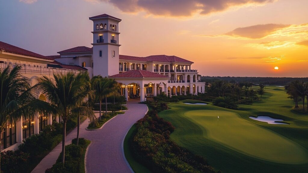A luxury golf resort offering five-star amenities, with a golfer relaxing by the course.
