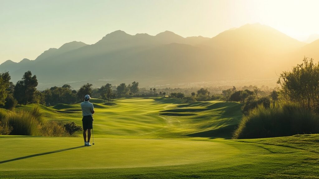 A golfer playing at an exclusive luxury golf resort, surrounded by stunning mountain views and lush fairways.