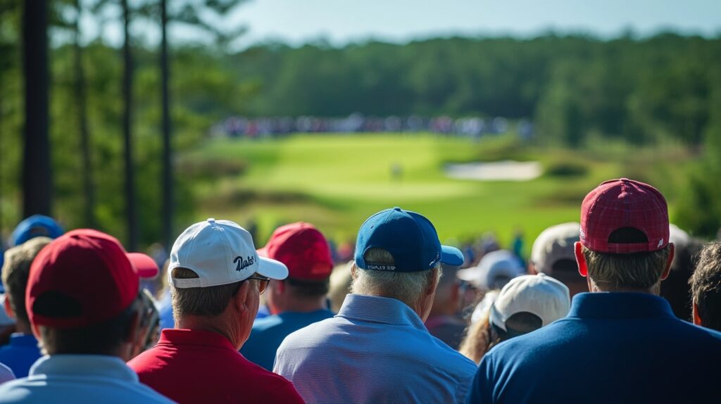 Fans gathered to witness the excitement at a 2025 PGA Golf Tournament, with the golf course in the background.