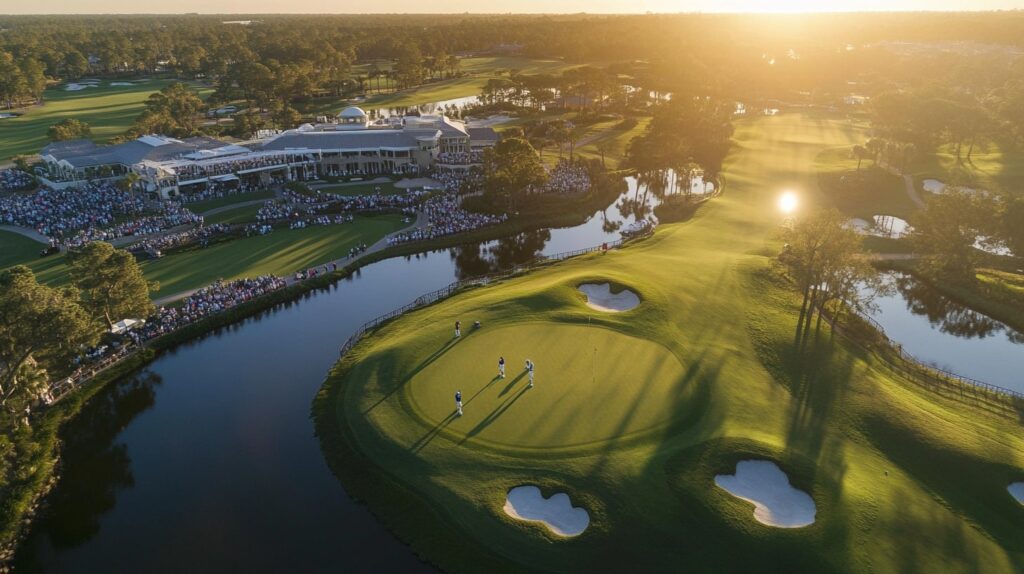 An aerial view of a PGA Tournament in 2025 with players and iconic landmarks during golden hour.