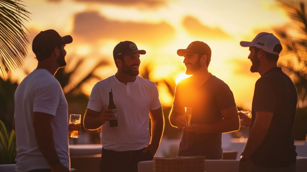 Golfers relaxing after a round at a luxury golf resort during a group golf trip, enjoying drinks and great company.