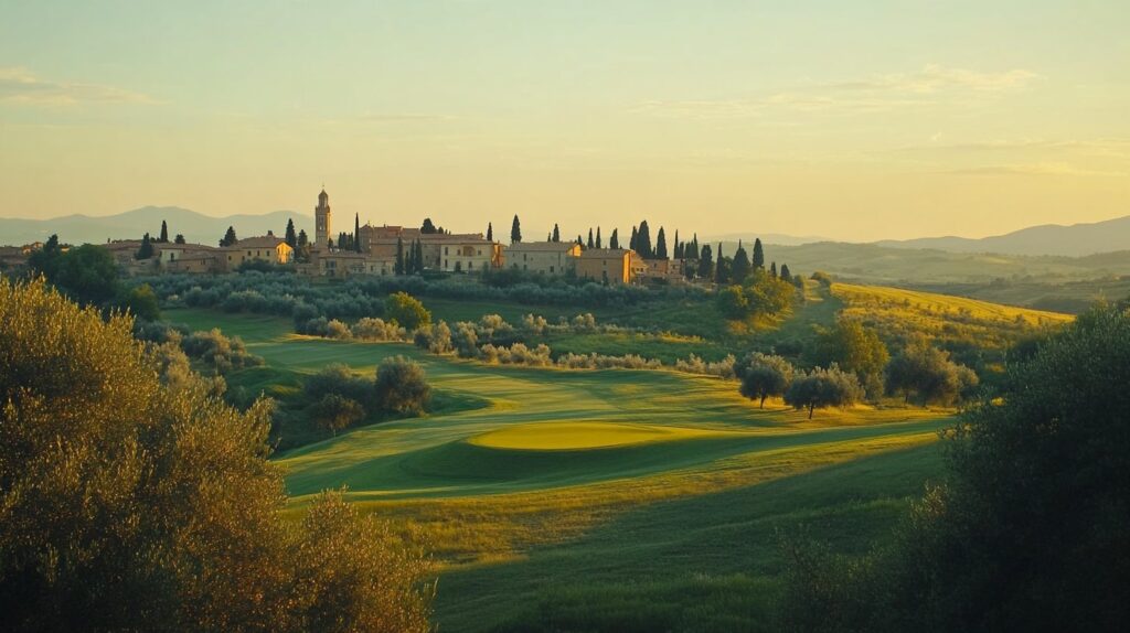 A scenic view of a European golf course, surrounded by rolling hills and historic landmarks.