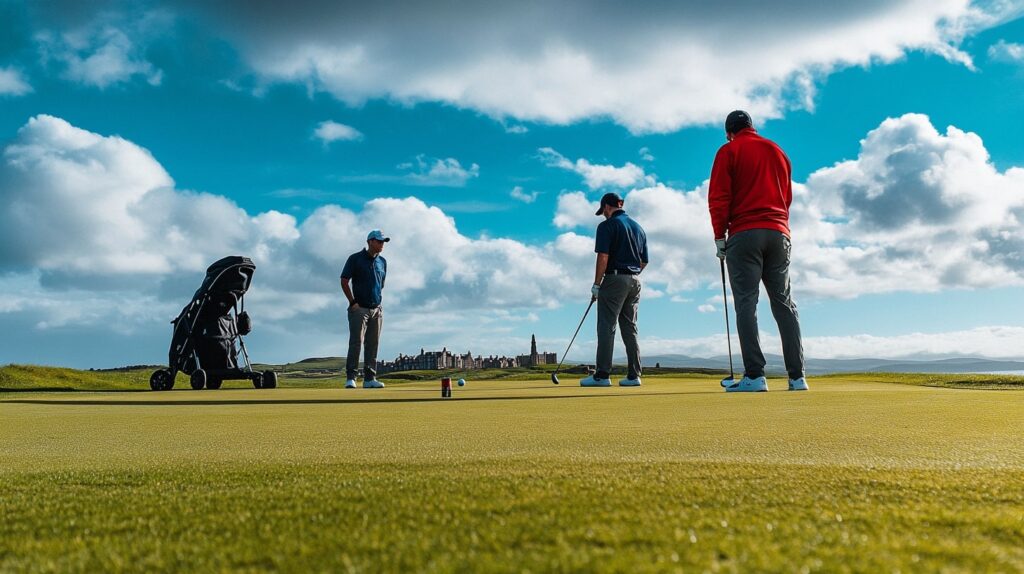 A group of golfers enjoying a round in Scotland, with the iconic St. Andrews course in the background.