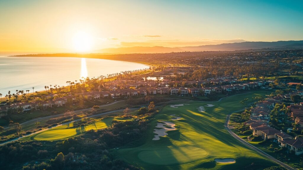 A serene view of a premium golf resort with lush fairways, ocean views, and a golden sunset.