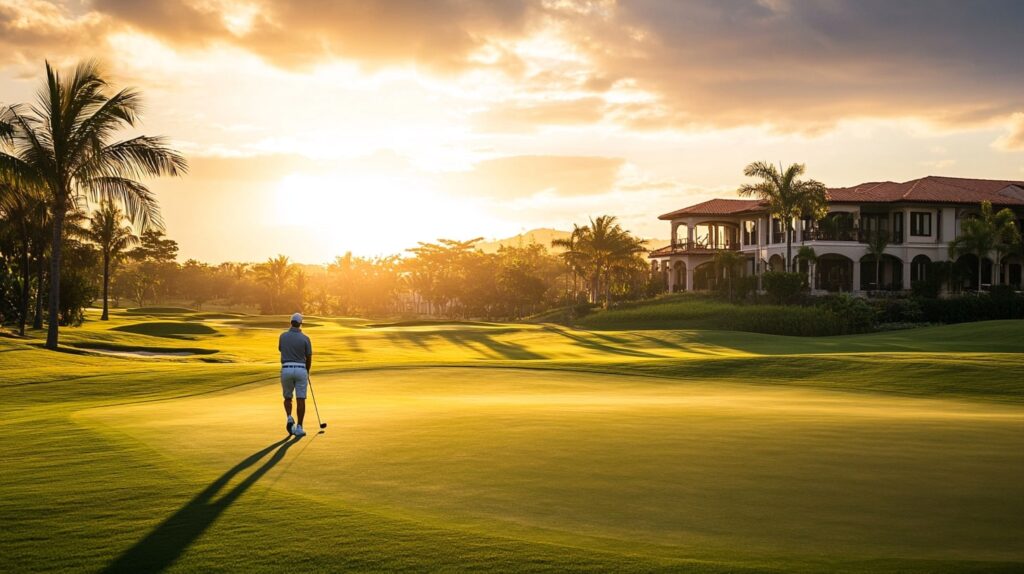 A golfer experiencing a luxury golf vacation package at a renowned resort, with pristine greens and private villas in the background.