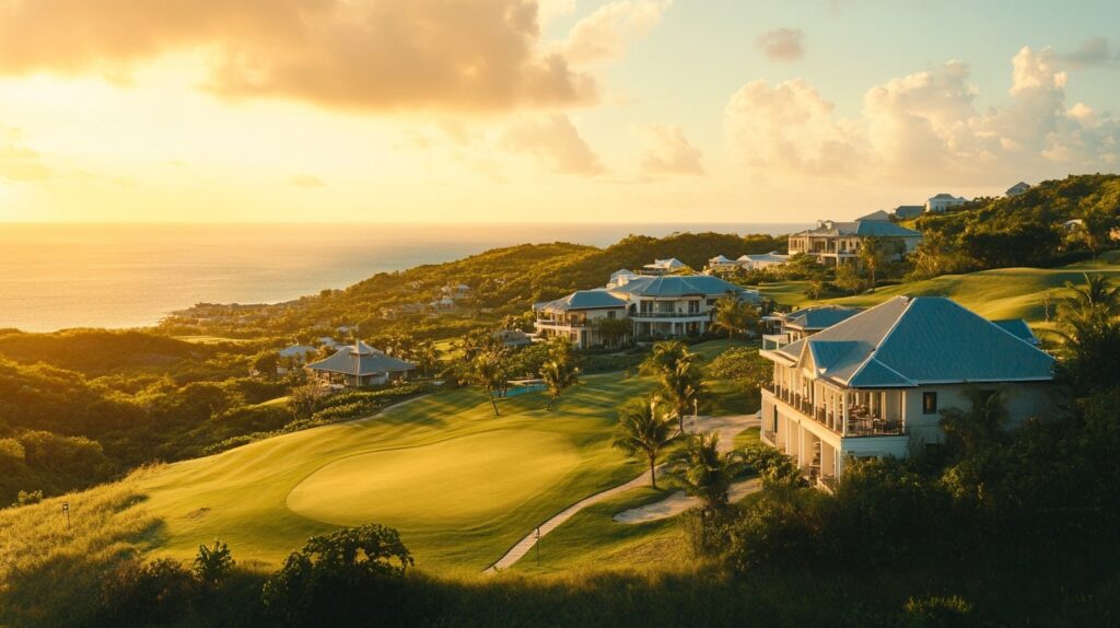A breathtaking view of an all-inclusive golf resort with expansive fairways, luxury villas, and beautiful ocean views during golden hour.