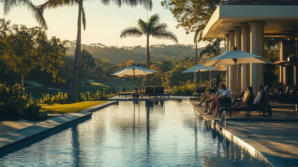Golfers relaxing by the resort pool after enjoying a round at a luxury golf holiday resort, with perfect lighting and serene surroundings.