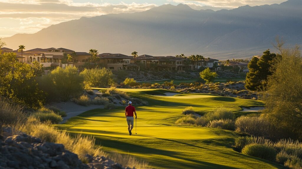 A golfer walking through a golf resort, with stunning views of the course, ideal for a short golf vacation.