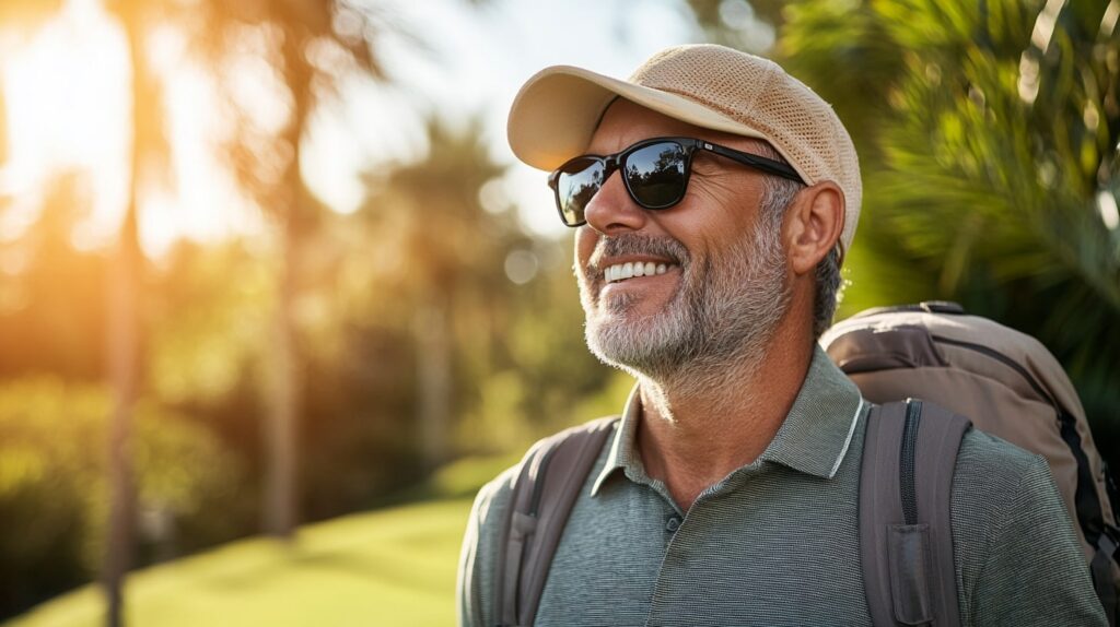 A golfer enjoying a weekend golf break on a scenic course, surrounded by lush fairways and a peaceful atmosphere.