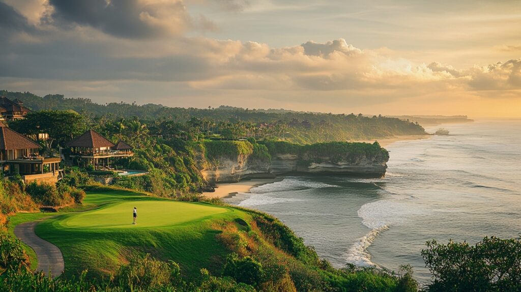 A golfer playing at a luxury golf resort in Bali, with a stunning coastline and pristine golf course in the background.