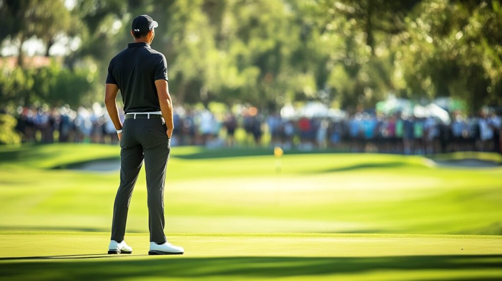 A competitive PGA rising star on the course, with fans cheering in the background during the 2025 golf season.