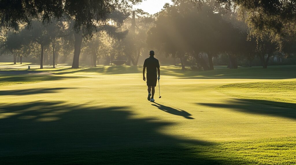 A young PGA golfer focused and walking to the next tee, preparing for the next challenging shot at the 2025 PGA tournament.