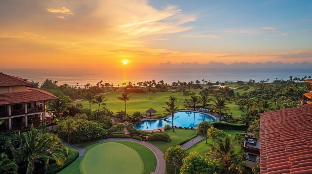 A breathtaking view of a budget-friendly golf resort with a pristine golf course and ocean views.