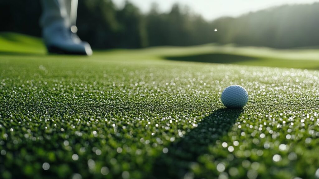 A golfer hitting a shot at an affordable golf course, with lush rolling hills and fairways in the background.