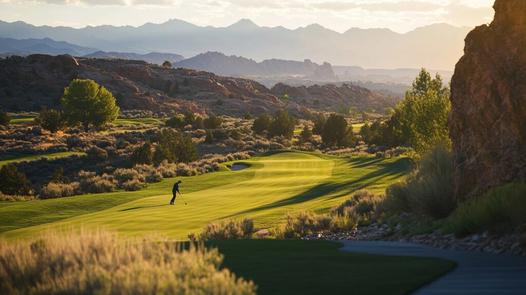A golfer hitting a shot at a private golf course, with stunning views of a secluded fairway and scenic surroundings.