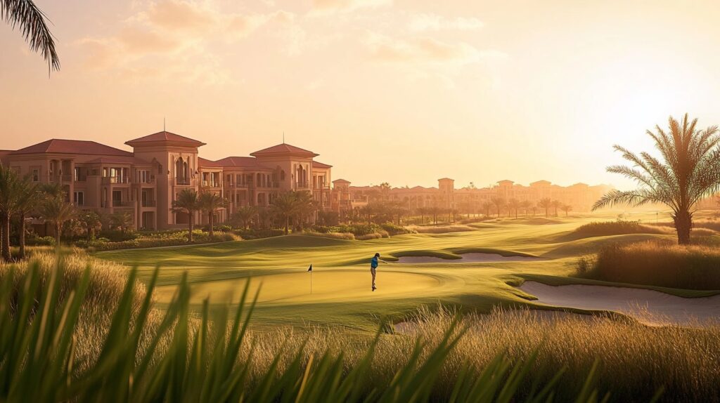 A scenic view of a luxury golf resort as a beginner golfer receives instruction from a professional instructor on the course.