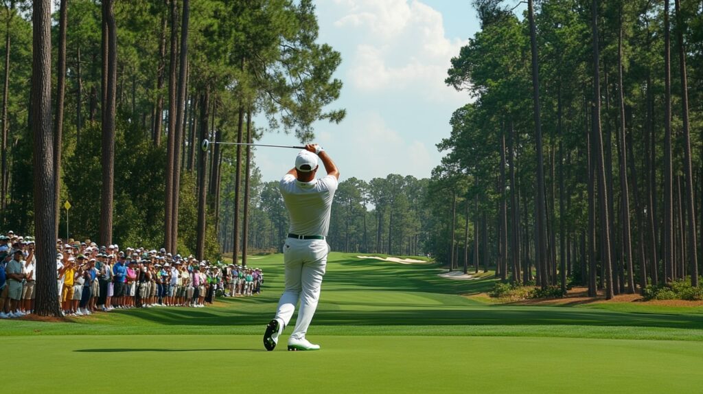 A leading PGA golfer during a 2025 PGA Tour event, with the fairway and fans in the background.
