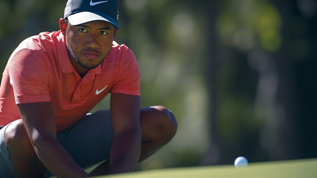 A PGA power rankings leader focusing intently on their putt at the 2025 golf tournament.