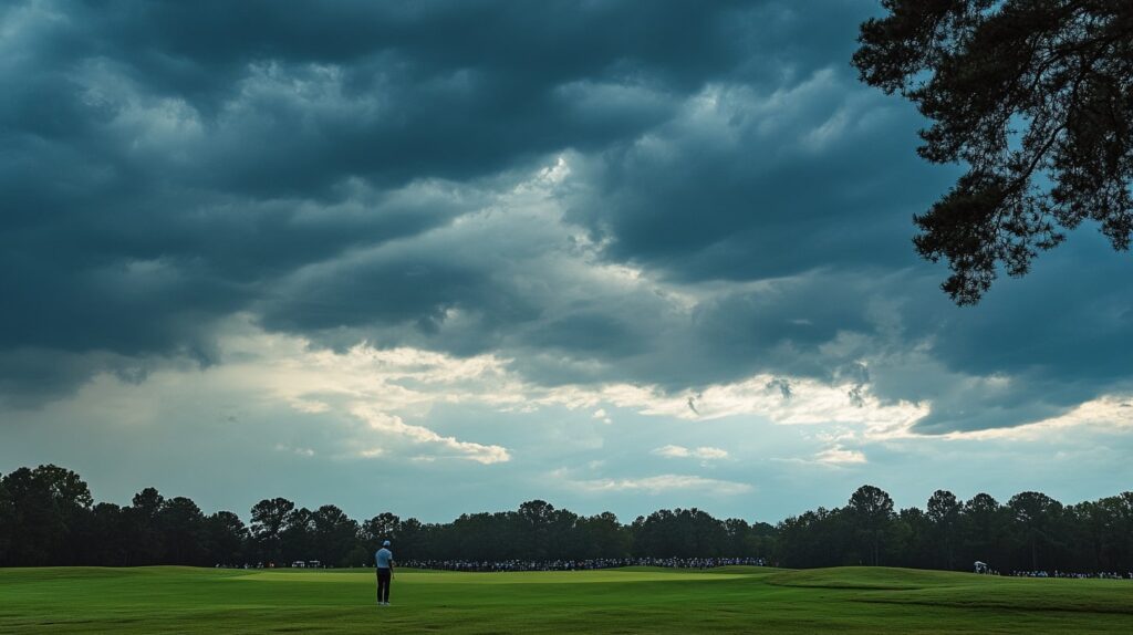 PGA Championship 2025: A dramatic moment with players competing at Quail Hollow, surrounded by fans and a stunning landscape.