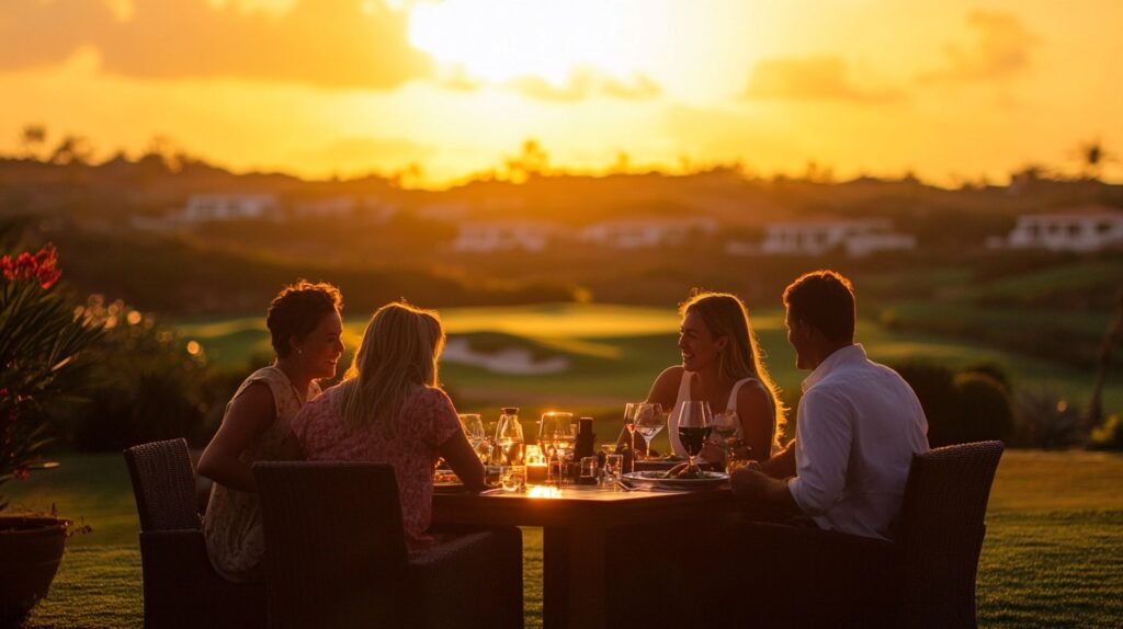 A group enjoying a Stay & Play golf retreat, relaxing on a patio overlooking the beautiful golf course at sunset.
