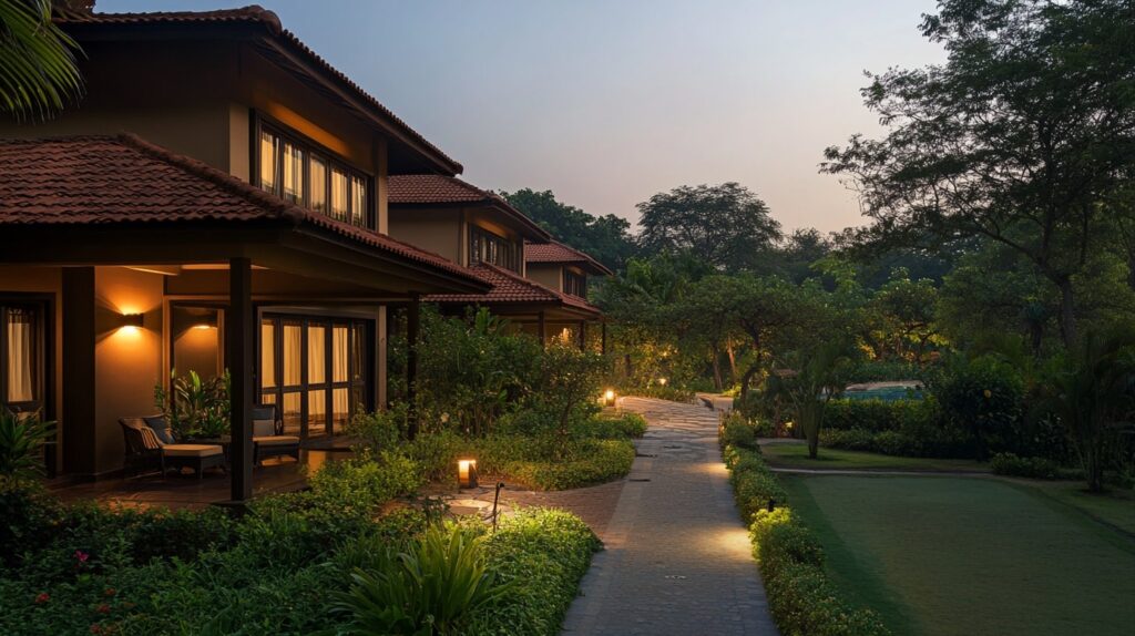 A serene view of a Stay & Play golf resort featuring luxury accommodations and stunning golf greens, perfect for a relaxing getaway.