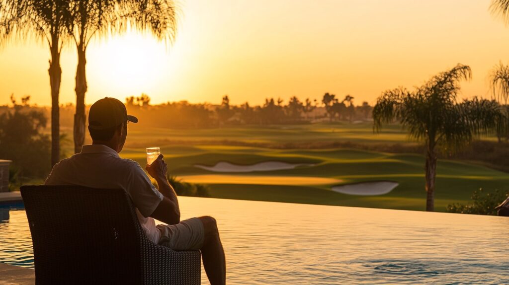 PGA Tour golf resorts: A golfer relaxing at a luxury resort with a golf course in the background