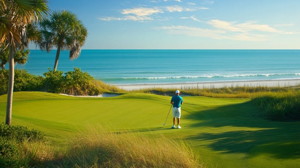 A golfer enjoying a round at a Florida golf resort with beach access, with the ocean in the background.