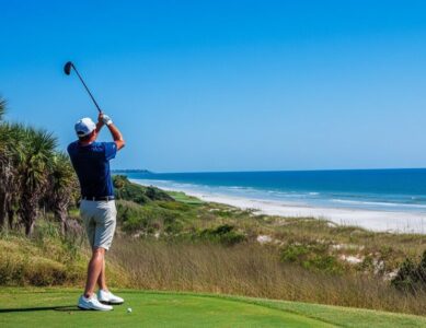 A golfer enjoying a round at a Florida golf resort with beach access, with the ocean in the background.
