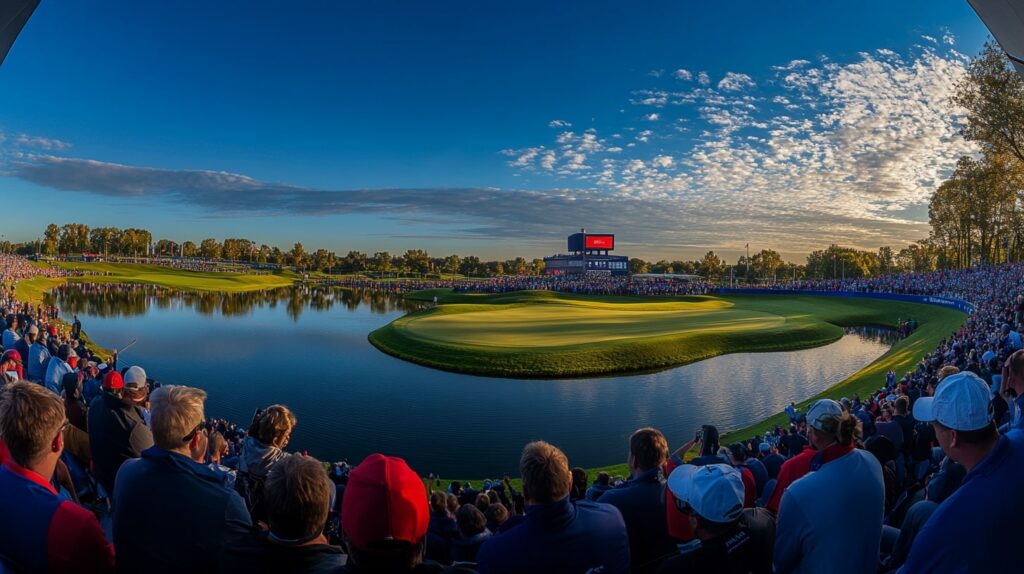 Iconic 17th hole at TPC Sawgrass during the Ryder Cup.