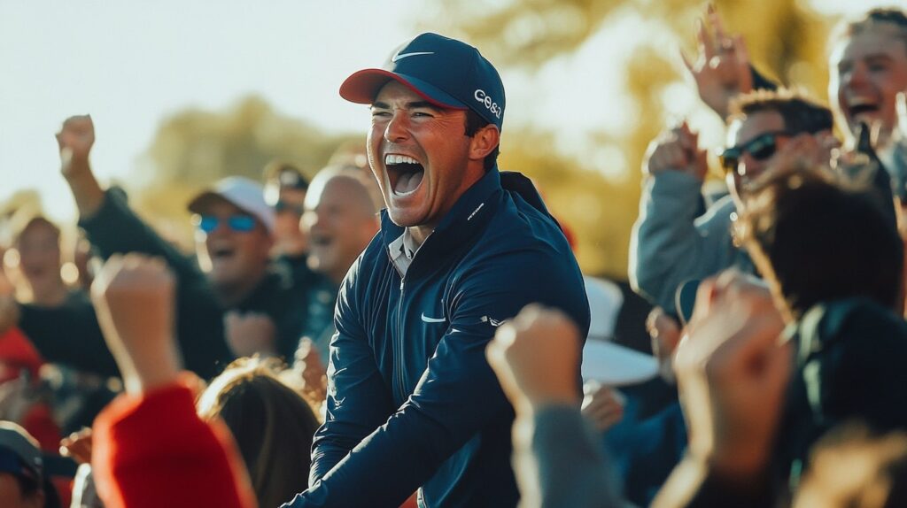 Golfer at a Ryder Cup venue, with fans cheering.