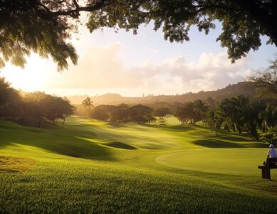 A golfer enjoying a round at a budget-friendly golf resort, surrounded by scenic views and lush greens.