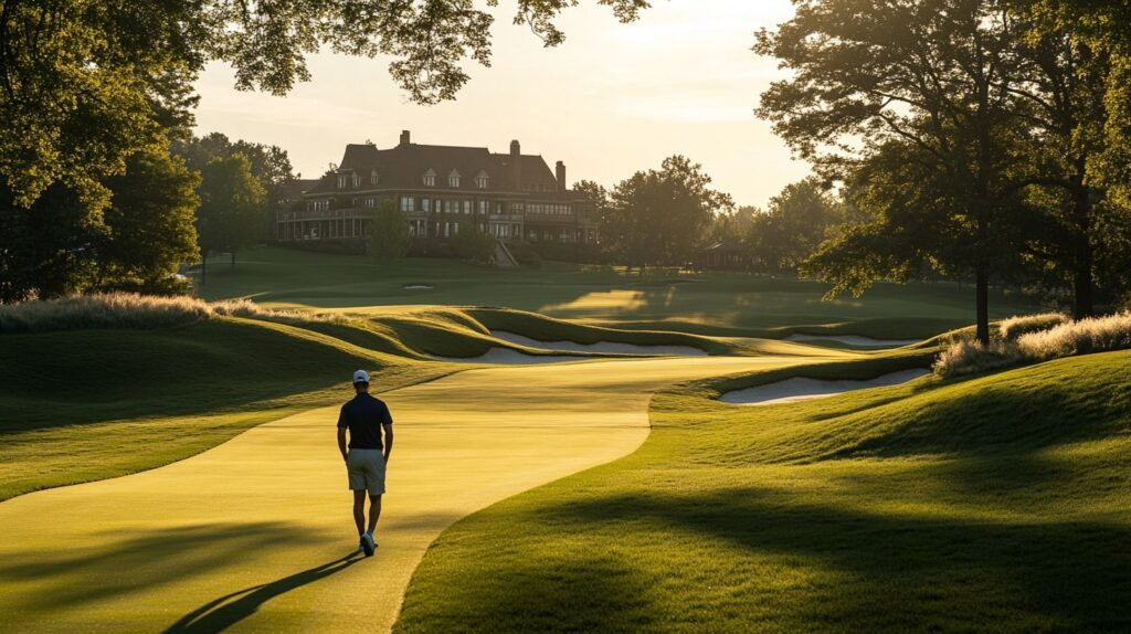A golfer approaching the 18th green at Muirfield Village Golf Club, a premier location for exclusive Memorial Tournament golf.