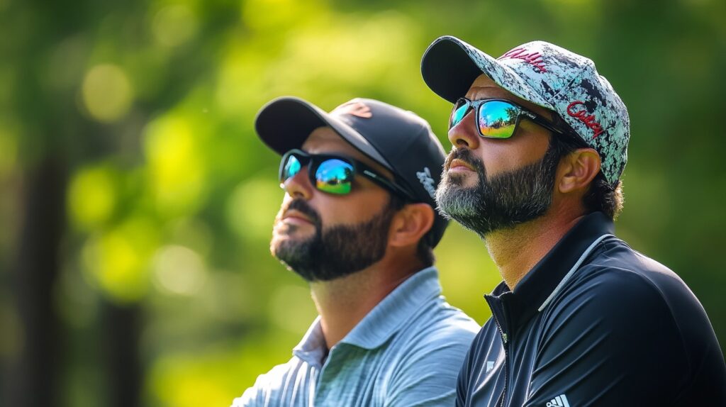 A caddy and golfer studying the green at Muirfield Village, showcasing a key moment in exclusive Memorial Tournament golf.