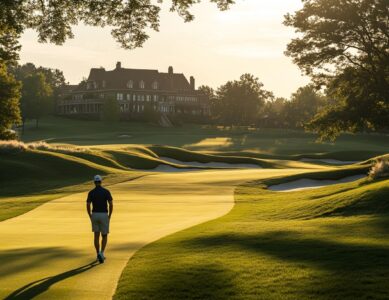 A golfer approaching the 18th green at Muirfield Village Golf Club, a premier location for exclusive Memorial Tournament golf.