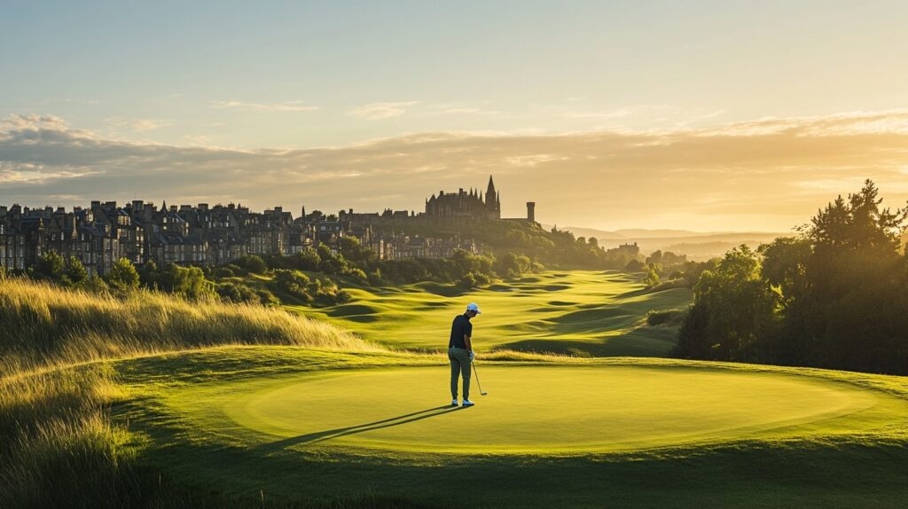 A golfer teeing off on a historic European golf course, with views of lush fairways and ancient architecture.