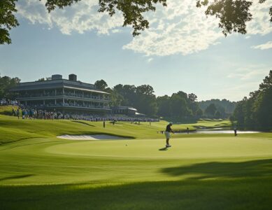 Golf courses’ major events: A lush fairway with golfers playing during a major golf event, crowds in the background