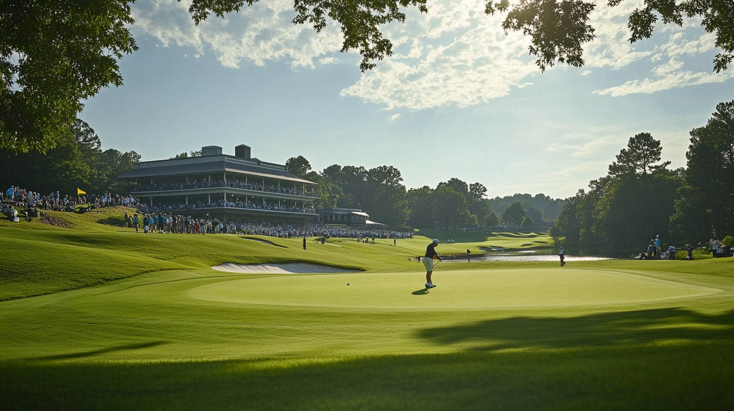 Golf courses’ major events: A lush fairway with golfers playing during a major golf event, crowds in the background