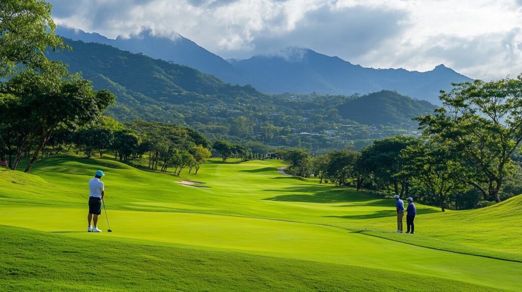 Golf destinations tournament lovers: A golfer at an idyllic golf destination with mountain views during a tournament