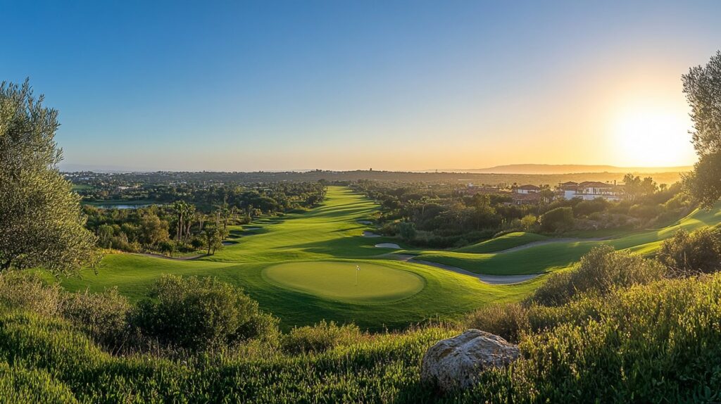 Golf destinations tournament lovers: Panoramic view of a top golf destination with fairways and clear skies