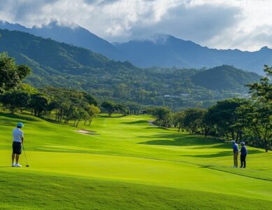 Golf destinations tournament lovers: A golfer at an idyllic golf destination with mountain views during a tournament