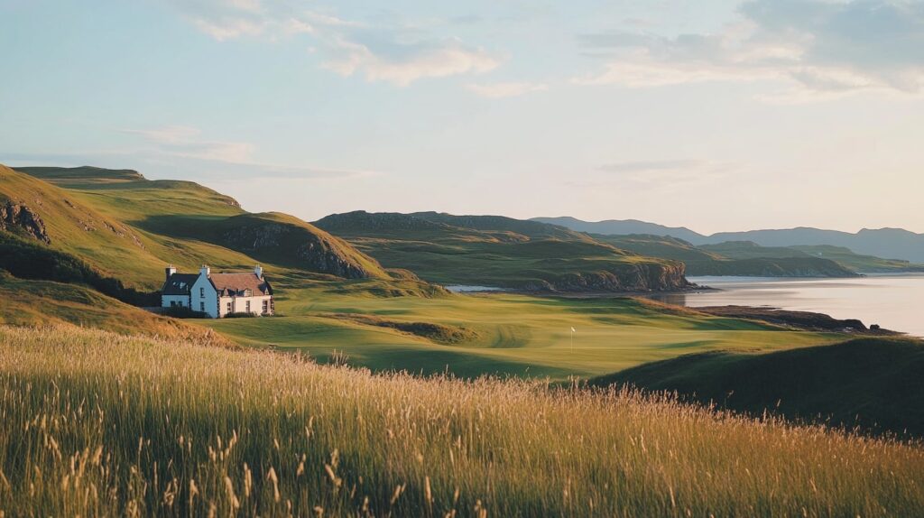 A Scottish golf course with coastal cliffs and a historic clubhouse during the Scottish Open