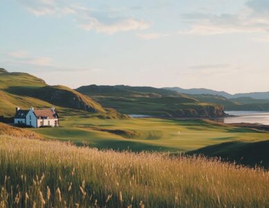 A Scottish golf course with coastal cliffs and a historic clubhouse during the Scottish Open