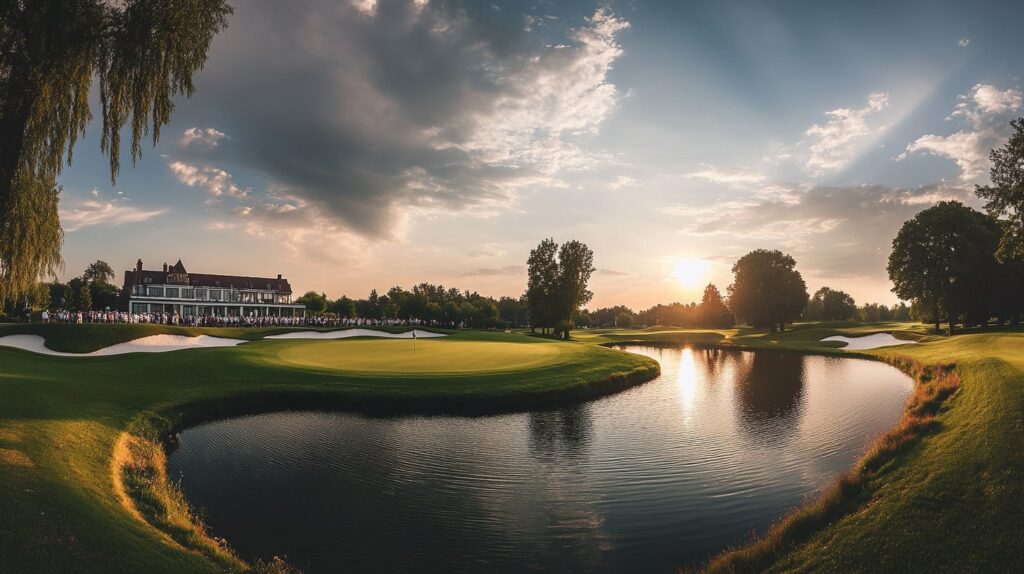 Golfers competing at St. Andrews during a historic European golf tournament.