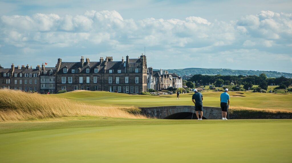 Historic European golf course with golfers playing in a major event.