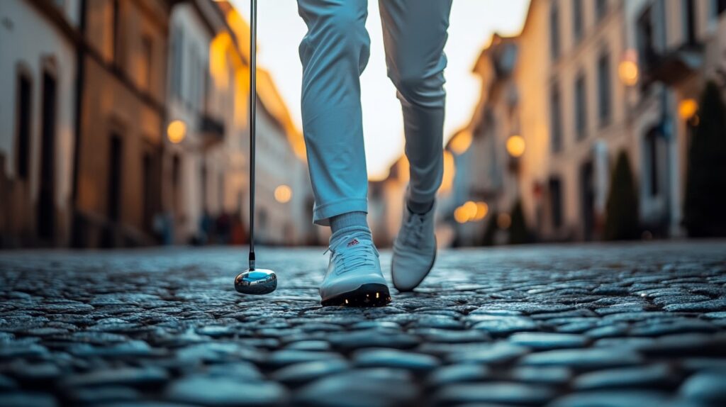 Close-up of a golfer in front of historic architecture in Europe during a golf tournament.