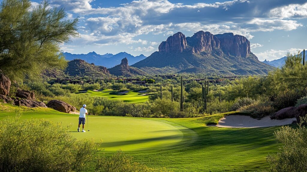 A golfer enjoying a round of golf with a golf package, surrounded by lush greens and mountain views.