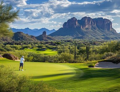 A golfer enjoying a round of golf with a golf package, surrounded by lush greens and mountain views.