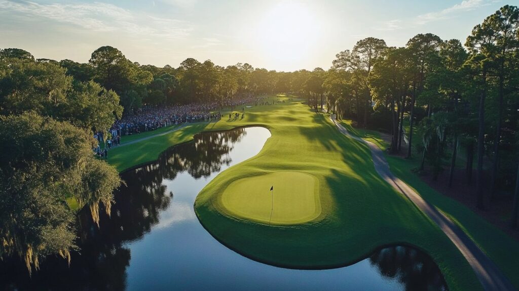 A golfer playing at a stunning golf course while the PGA Championship unfolds in the distance.